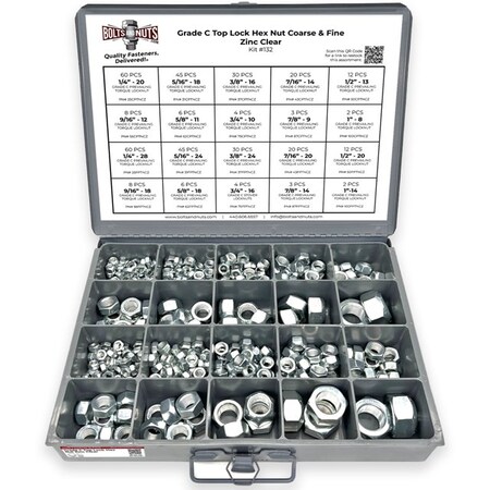 Boltsandnuts.Com Grade C Top Lock Hex Nut Coarse & Fine Zinc Clear Assortment - 381 pcs Assortment Kit #132